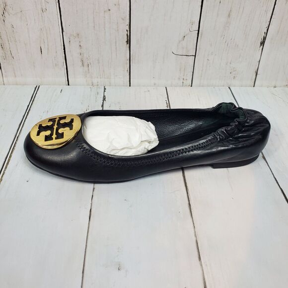 Tory Burch Reva Ballet Flats Size 7 M Black Leather Gold Metallic Logo Comfy GUC - Picture 4 of 13